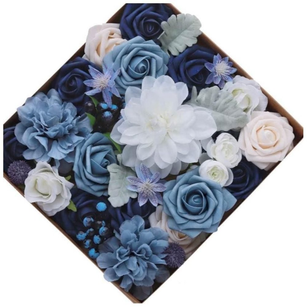 28 count | Dusty Blue white & Ivory Shades Flowers Wedding Roses Bouquet